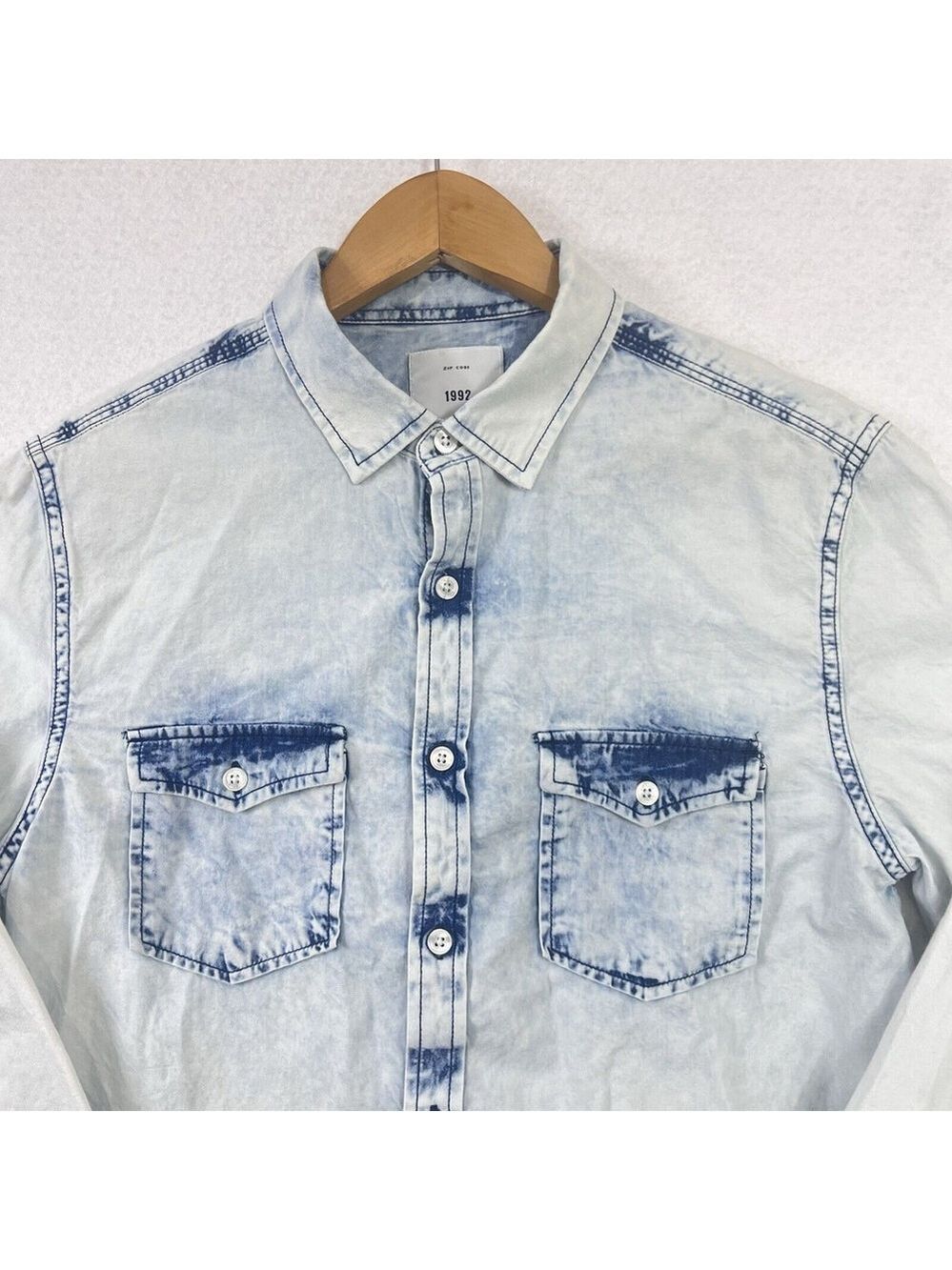 Zip Code 1992 Mens S Shirt Blue Denim Bleach Wash Button Front Cotton Cowboy Wes